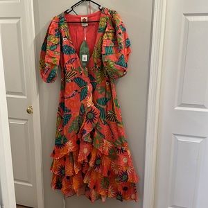 Farm Rio Graphic Macaws Coral Mixed Midi Dress Size Small NWT